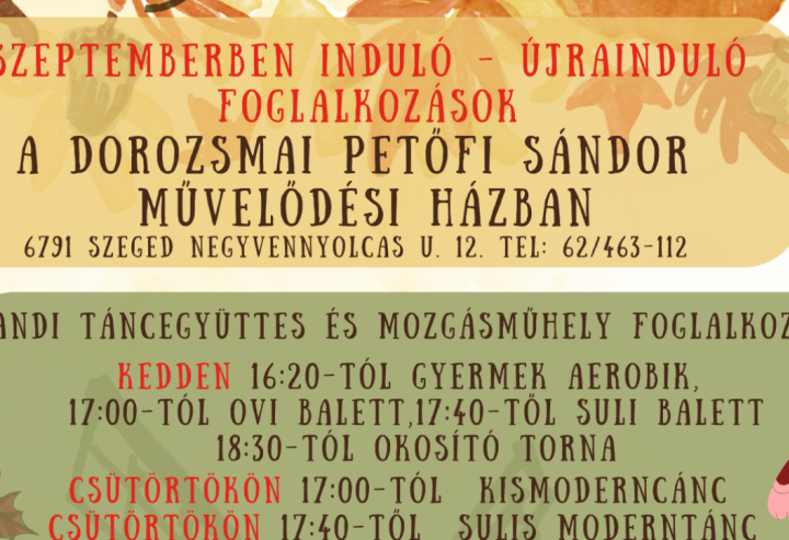 Szeptemberben induló, újrainduló foglalkozások a művelődési házban